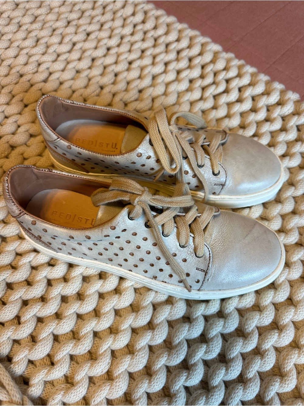 Bed Stu Women’s Beige Perforated Leather Lace-Up Sneakers